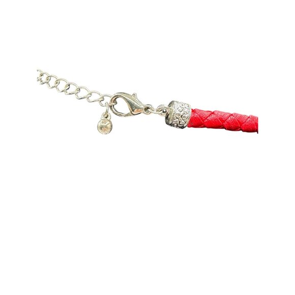 Red Braided Cord Necklace Silver Tone Heart Pendant Red Center Stone Womens - Picture 6 of 8